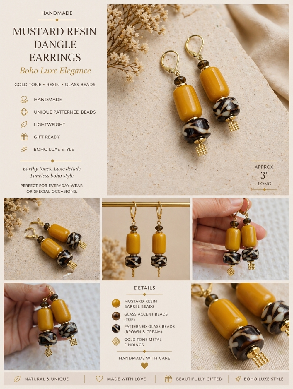 Handmade Mustard Resin Patterned Glass Bead Dangle Earrings Gold Tone Boho Luxe